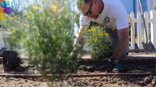 Brandon Miller, with Ikon Landscaping, plants water-wise plants in a park strip in Herriman on Sept. 21, 2021, during the launch of “Flip Blitz,” a landscape diversification and water conservation program from the Utah Division of Water Resources. Removing turf-based park strips can save thousands of gallons of water annually, according to conservation experts. (Shafkat Anowar, Deseret News)